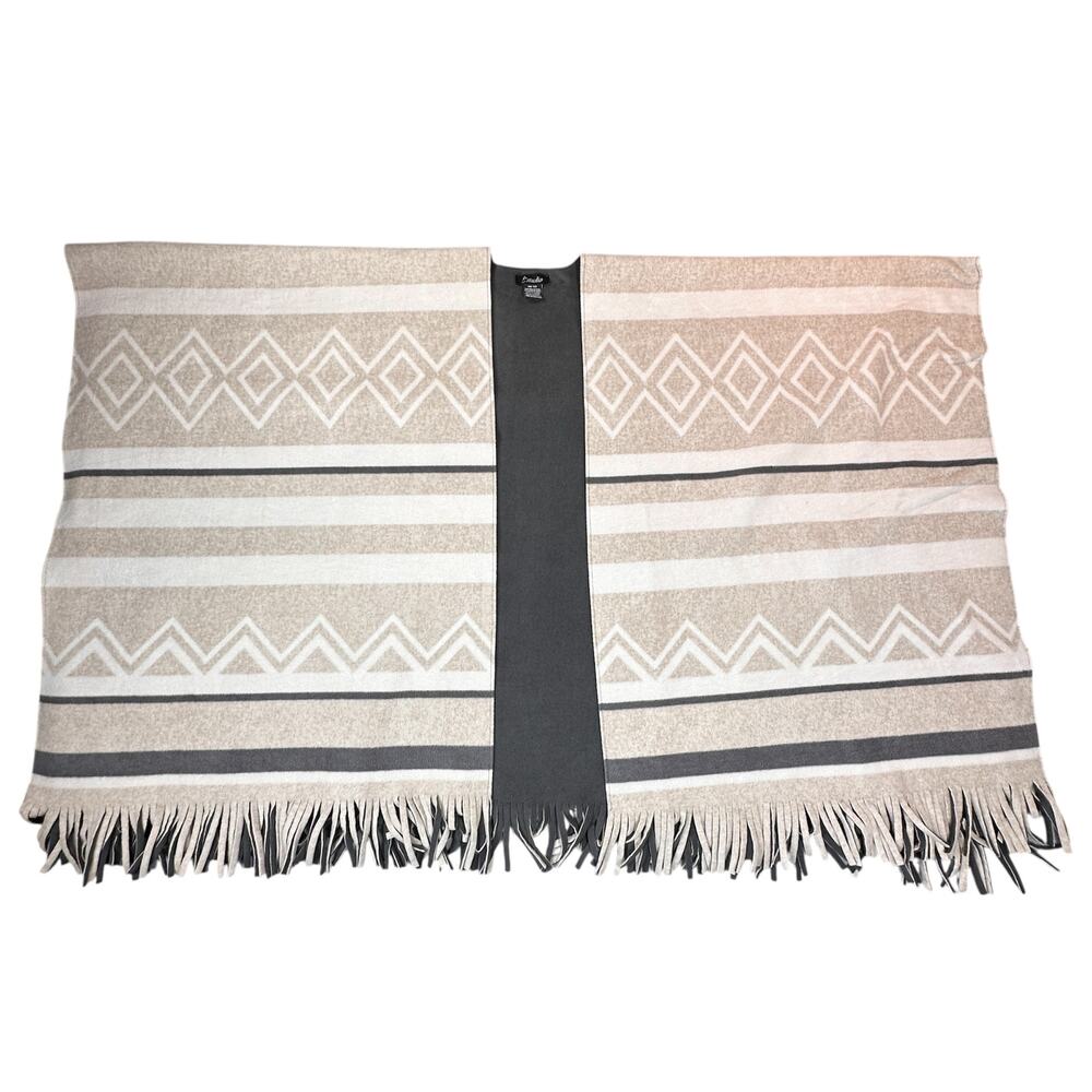 EStudio Shawl Tan Grey Soft Warm Fleece Ruana Cape Poncho Wrap Fringe One Size